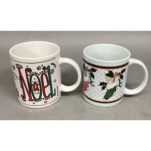 Set Of 2 Vintage Christmas Mugs - Noel & Candy Canes/Stockings